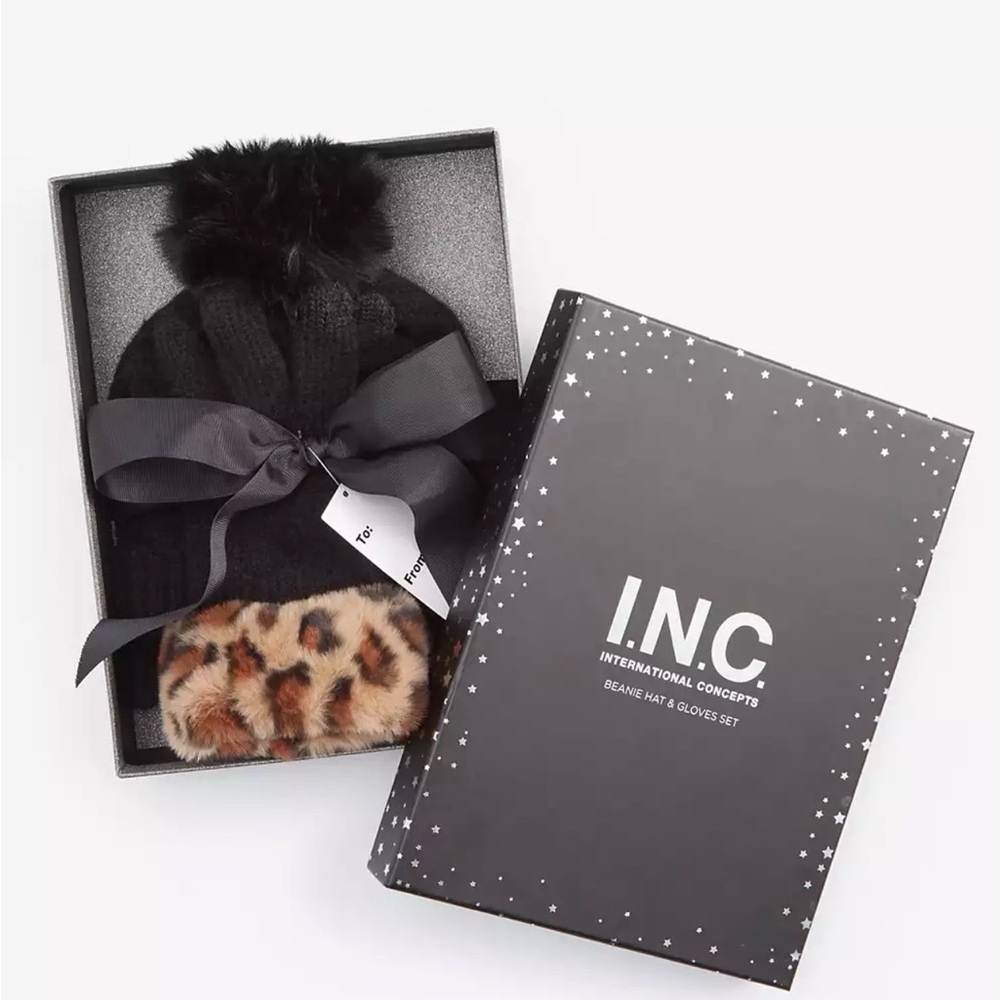 INC Beanie & Faux Fur Gloves Gift Set Black Pom Pom NIB